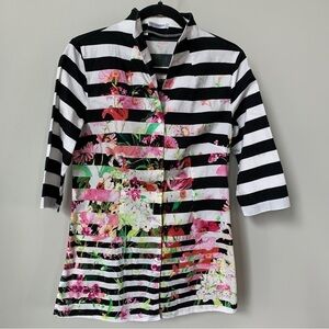 Nara Camicie Black & White Striped Floral Design Button Down Top Size M